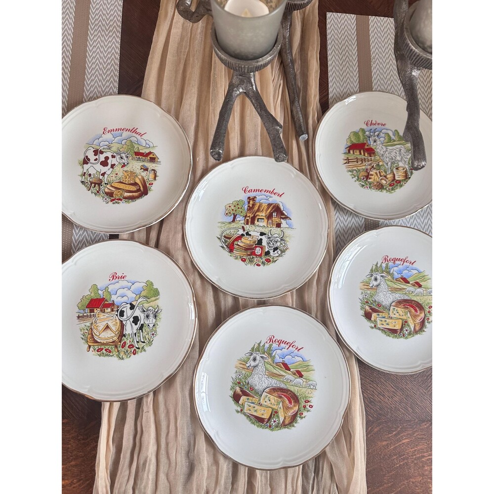 Vintage French Cheese Snack Plates - Moulin des Loups Cheese Plates x 6 Dining